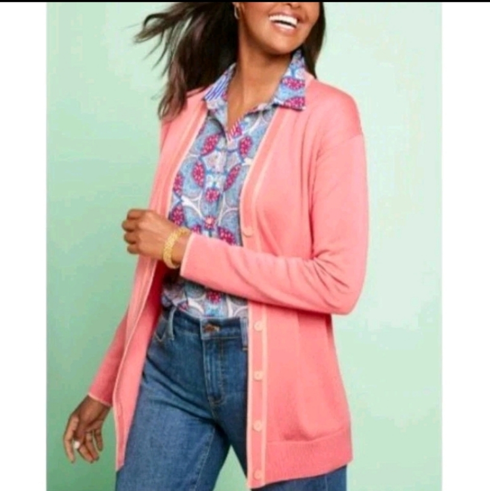 Talbots Girlfriend Cardigan Pink Tipped
